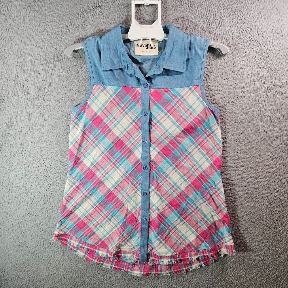 NEW‎ Savanna Jane Sleeveless Shirt Women Small Eable Embroidered Pink Blue Plaid
